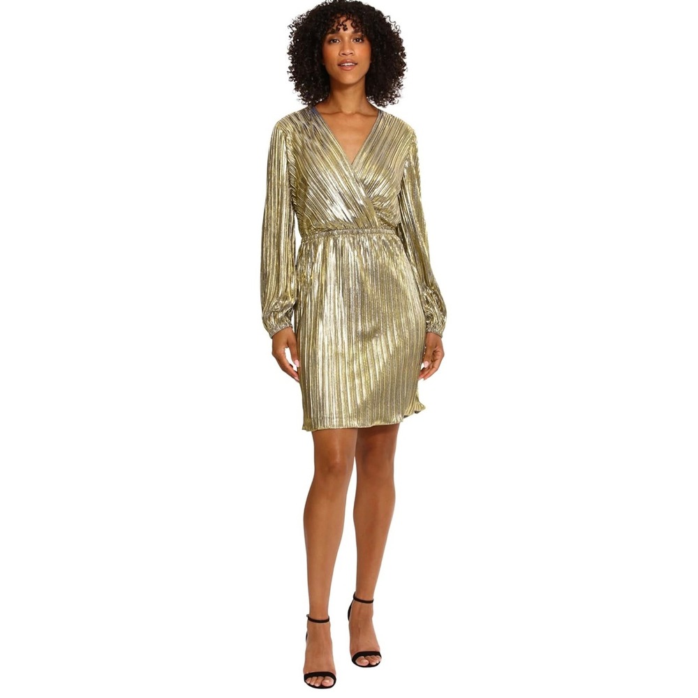 Maggy London Gold Metallic Pleated Wrap Front V-Neck Cocktail Dress 12 NWT‎
